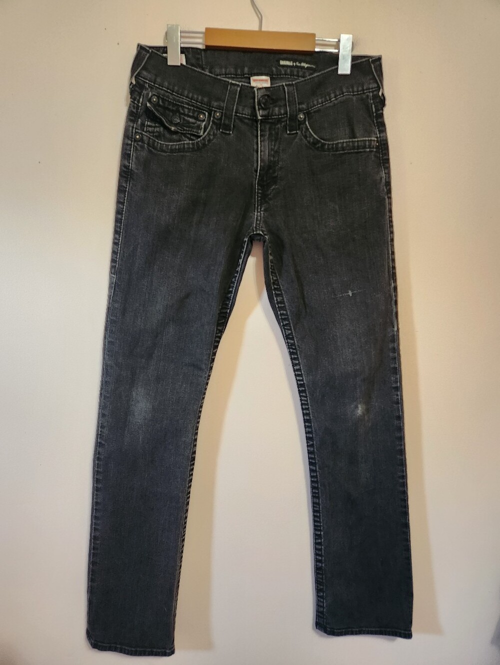 True Religion Ricky Straight Black Jeans Flap Pockets Y2K Mens Size 32
